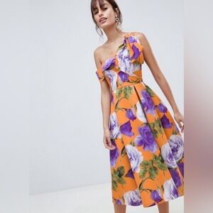 ASOS size 6 orange and purple off the shoulder dress. Scuba fabric. Tea length.